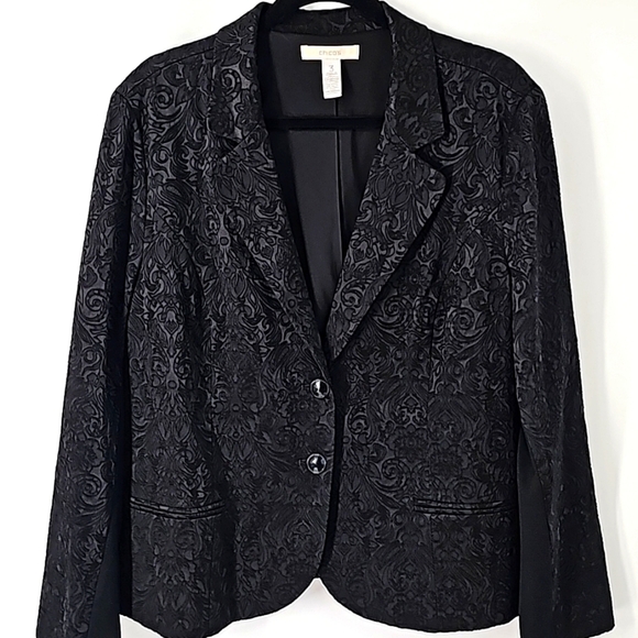 Chico's Black Brocade 2-Button Front Blazer Jacket with Lapels & Front Pockets - Picture 1 of 15